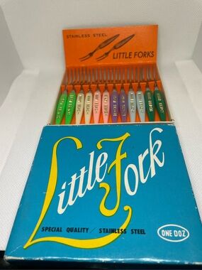 Vintage Little Forks Pastels Japan Stainless Miami Beach Souvenir MCM NIB 12 Pcs